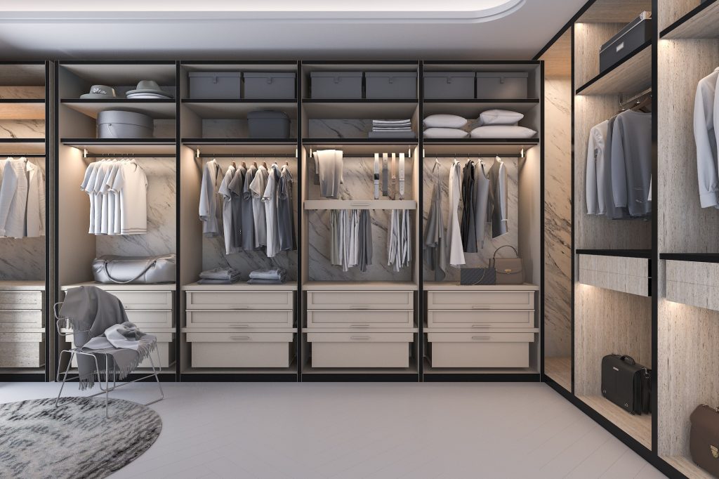 3d rendering minimal loft luxury wood walk in closet with wardrobe